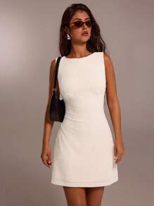 SHEIN Forever 21 Summer New Sleeveless V-Neck Fitted Waist A-Line Mini Dress, Commuting & Leisure - Beige - View 12