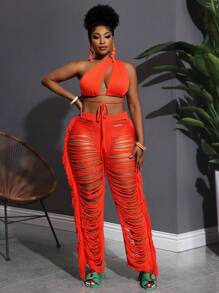 Slaydiva 2025 New Arrival Holiday Vacation Simple Hollow Out Solid Color Tie Front Top + Tassel High Waist Pants Knit 2Pcs Suit For Women, Spring/Summer - Orange - View 3