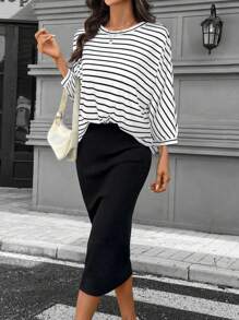 SHEIN LUNE 2pcs/Set Women Casual Striped Clothing: Long Sleeve Top & Skirt, Suitable For Daily Wear, Autumn/Winter - White - View 3