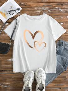 Maweii 2 PIEZAS Conjunto de top de manga corta con cuello redondo y pantalones cortos con patrón de corazón hueco para mujeres de talla grande - Multicolor - Ver 3