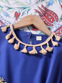 Ramadan Young Girls Casual Floral Print Long Sleeve Fringe Midi Princess Dress, Suitable For Spring, Autumn, Festivals And Parties, Summer Youth Girl Dress - Royal Blue - View 3