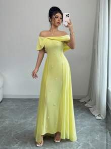 Rafferiza French Elegant Cocktail Party Wedding Guest Off Shoulder Ruched Bodycon Chiffon See-Through Flowy Mermaid Dress, Yellow, Women, Spring/Summer - Yellow - View 3
