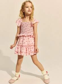 SHEIN 2pcs/Set Young Girls' Elegant Pink Woven Ditsy Floral Trim Blouse & Ruffle Hem Mini Skirt, Spring/Summer