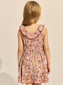 SHEIN Robe élégante à volants et imprimé rose en mousseline de soie pour jeunes filles, printemps/été - Multicolore - Voir 2