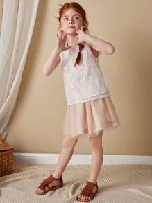 Blossori Young Girls French-Style Elegant White Organza Embroidered Blouse And Mesh Skirt 2 Pieces Set, Spring/Summer - Pink - View 3