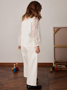 PrepCrw Young Girls Lace Polo Collar Top And Woven Pants Set, White, Spring/Summer - White - View 2