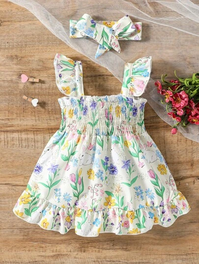 SHEIN Vintaside Kids 女婴花卉印花休闲节日连衣裙