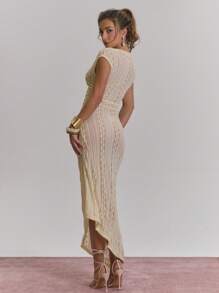 MUSERA Đầm midi cổ xẻ, vạt bất đối xứng, eo nhún bèo, tay ngắn, chất liệu vải dệt họa tiết, thích hợp cho mùa xuân hè, cô dâu, tiệc độc thân, đám cưới. - Kem - Xem 3