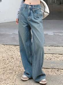 DAZY Women's Casual Loose Pockets Denim Wide-Leg Jeans Sequin