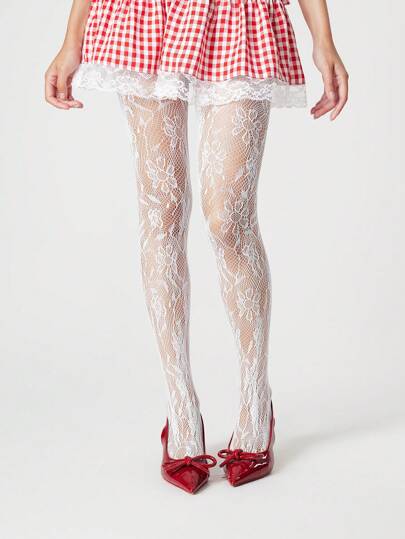 Kawaii Vintage Hottie Sweet Rose Lace Fishnet Pantyhose Floral Vines Stockings, Japanese Lolita Sexy Style, Suitable For Daily Date Outfit