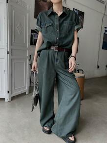 DAZY 2pcs Women Retro Denim Outfit - Pocket Denim Top And Pants Set - Blue - View 1