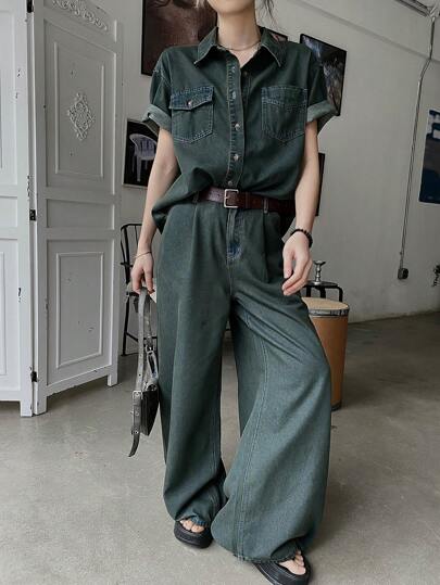 DAZY 2 件套女式复古牛仔套装 - 口袋牛仔上衣和裤子套装