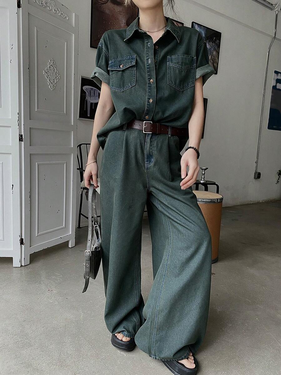 DAZY 2pcs Women Retro Denim Outfit - Pocket Denim Top And Pants Set - Blue - View 1