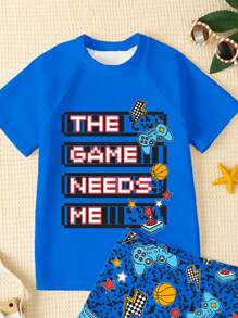 Tween Boys' Casual Cool Cute Game Controller Graphic Print Round Neck Short Sleeve T-Shirt & Shorts Swimsuit Set, Suitable For Summer - Multicolor - View 3