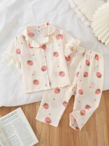 Genkimix Kids 2pcs Baby Girl Strawberry Print Crepe Woven Short Sleeve Cardigan With Collar & Ruffles & Pants Homewear Set, New Design,Summer,Travel - Apricot - View 1