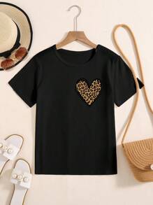 Sparklyn T-shirt de vacances décontracté pour filles pré-adolescentes avec imprimé léopard et motif cœur