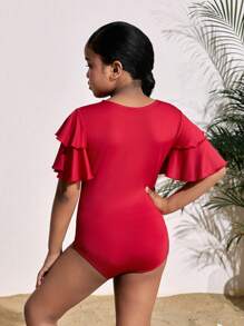 SHEIN Tween 女童休闲街头风格纯色短袖连身衣 - 酒紅色 - 查看 2