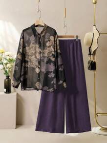 SHEIN Lacomfia Ensemble 2 pièces casual avec chemise ample à manches longues et imprimé floral et pantalon à taille élastique, grande taille, printemps/automne