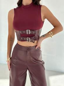 SHEIN Privé 情人节新款优雅性感复古机车风别致酒红色 PU 皮革扣拼接立领短款背心和高腰阔腿长裤 2 件套 - 酒紅色 - 查看 4