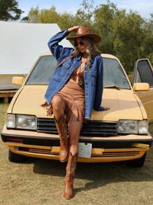 SHEIN Essnce Kurtka jeansowa z luźnymi, swobodnymi, zniszczonymi ramionami i wakacjami