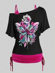 SHEIN LUNE 女式夏季不对称领口蝴蝶印花短袖休闲 T 恤配侧系带图案 T 恤女式上衣