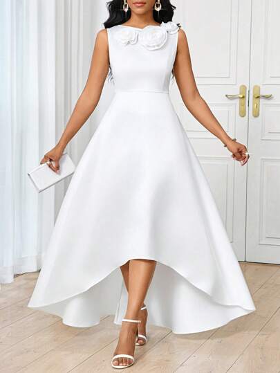SHEIN Lady Decoración de flor tridimensional, vestido de mujer sin mangas con parte delantera corta y parte trasera larga de satén blanco, elegante para fiestas, invitados a bodas, uso en cualquier estación