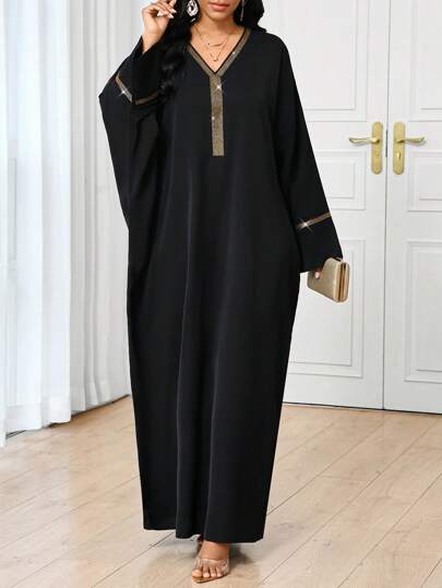 SHEIN Lady V-Neck Gold Hot Diamond Details Black Modest Dress  Black Abaya