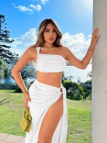 SHEIN SXY 夏日假期两件套：喇叭开衩裙 - 白色 - 查看 8