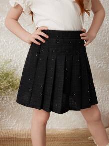 PrepCrw 年轻女孩宽松松紧腰百褶裙，编织黑色女学生风格，秋冬 - 黑色 - 查看 6