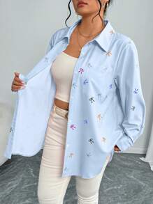 Elenzga Lässige romantische pink Schleife bedruckte Bluse, Valentinstag Geschenk Frauen Hemd für Valentinstag Liebhaber mit Schleife - Blau - Übersicht 3