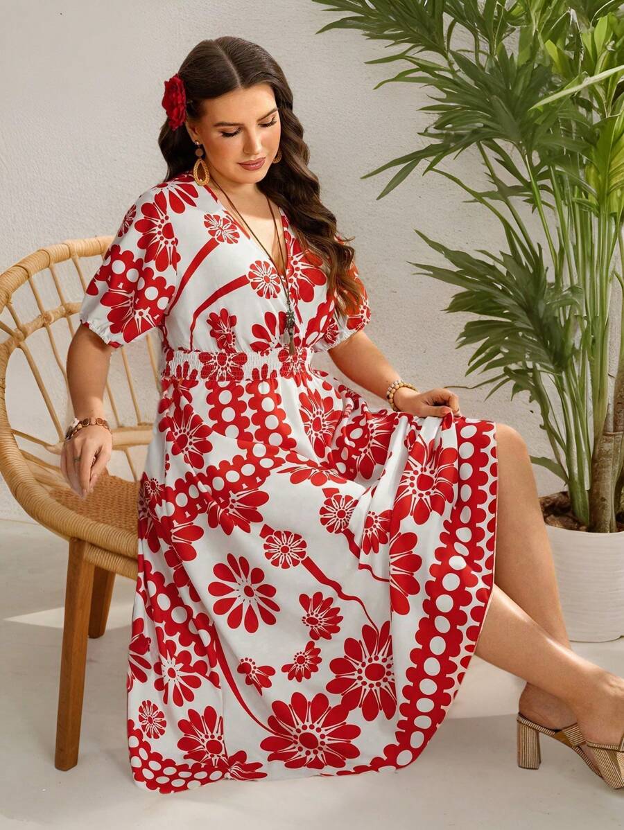 Breezaya Robe empire à manches courtes, col cranté, imprimé floral et couleur unie, pour femmes grande taille. Convient pour les vacances - Rouge - Voir 1
