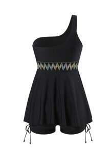 Women 2pcs Black Shoulder-Strap Ruffled Beach Bikini Set, Summer Vacation Swimwear, Festival Boho Style - Black - View 2