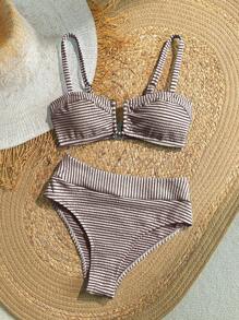 SHEIN VCAY 加大码女式条纹印花比基尼套装，适合海滩度假