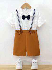 Young Boy 2pcs Outfit: White Dress Shirt And Suspender Shorts Suit - Multicolor - View 1