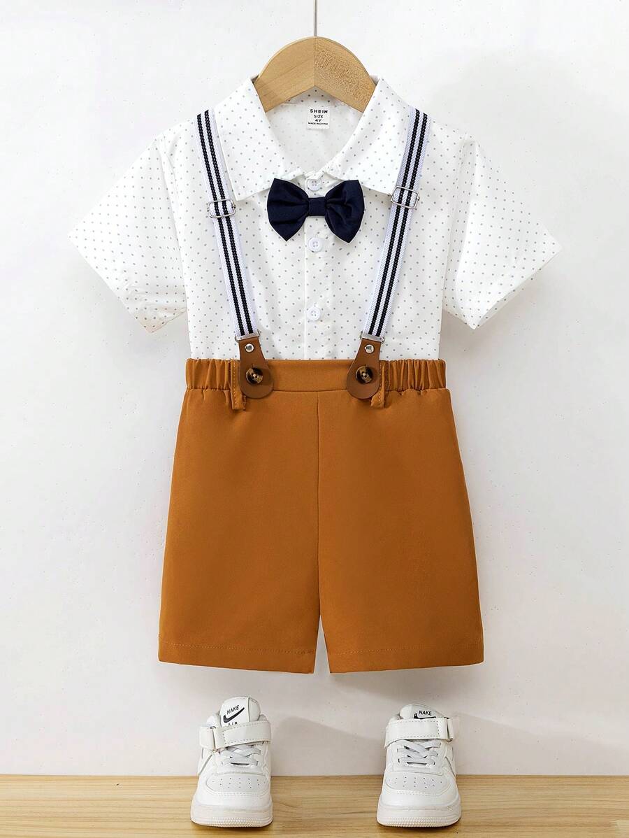 Young Boy 2pcs Outfit: White Dress Shirt And Suspender Shorts Suit - Multicolor - View 1