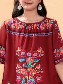 Tween Girl Floral Pattern Vacation Wear Ruffle Sleeve Dress - Red - View 4