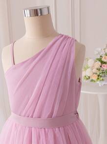 SHEIN Glamorique Kids Tween Girls Sleeveless Ruched Waist Long Dress, Elegant Design For Party, Wedding, Events