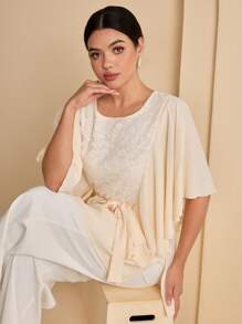 Seusyu Women's Lace Insert Round Neck Batwing Sleeve Belt Blouse - Multicolor - View 5