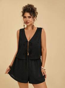 Travachic 2 件套大码女式休闲纯黑色系带背心和沙滩短裤套装 - 黑色 - 查看 5