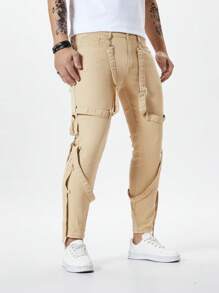 Manfinity Homme Jeans personalizados de hombre con estilo urbano, unicolor, bolsillo decorado con hebilla metálica y detalle de cordón - Caqui - Ver 3