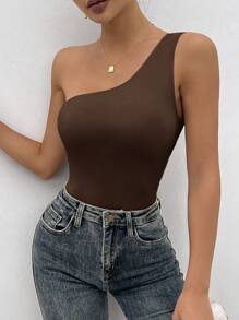 SHEIN Privé 女士纯色不对称单肩紧身运动连体衣 - 棕色 - 查看 6