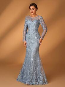 Serin Váy dài tay voan mỏng thêu sequin thanh lịch ôm sát viền đuôi cá, thích hợp cho tiệc tối, hẹn hò, đám cưới, váy cưới cho mẹ cô dâu - Xám - Xem 7