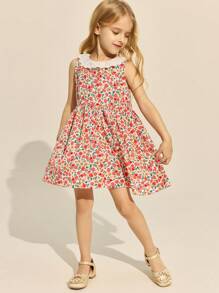 SHEIN Young Girls' Elegant Ditsy Floral Print Woven Ruffle Collar Dress, Spring/Summer - Multicolor - View 1