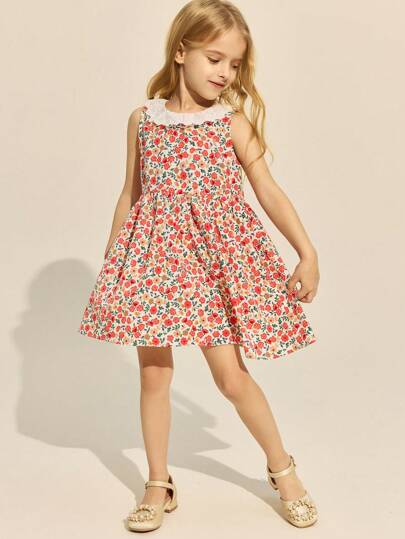 SHEIN Young Girls' Elegant Ditsy Floral Print Woven Ruffle Collar Dress, Spring/Summer