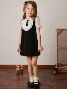 PrepCrw Young Girls' Contrast Color A-Line Chiffon Dress With Puff Sleeves, For Spring/Summer - Black and White - View 6