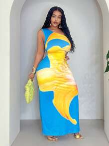 Veslaya Plus Size Slim Fit Long Casual Shoulder Print Vacation Dress, Spring/Summer - Blue - View 4