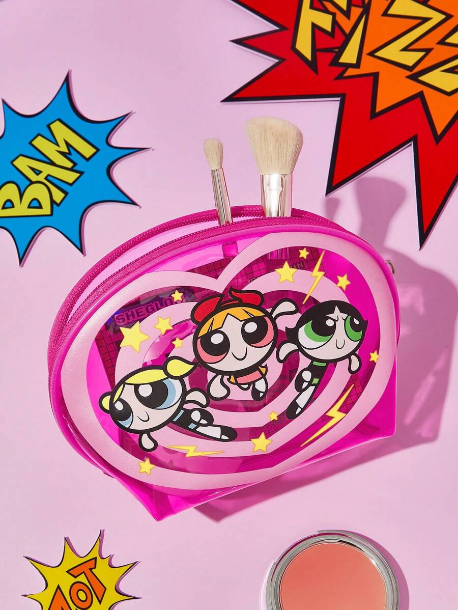 THE POWERPUFF GIRLS X SHEIN 1 件可爱卡通花朵、泡泡、毛茛图案 PVC 透明大容量化妆包、多功能收纳包、小物品收纳包、旅行收纳包、数码收纳包,适合日常携带小物品、旅行、工作、化妆或学习,适合女性和学生 - 玫紅色 - 查看 1