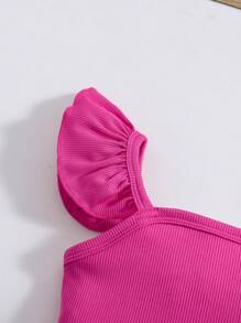 SHEIN 年轻女孩活力假日紫红色罗纹荷叶边吊带背心搭配热带植物印花高低下摆裙套装，适合海滩度假 - 玫紅色 - 查看 3