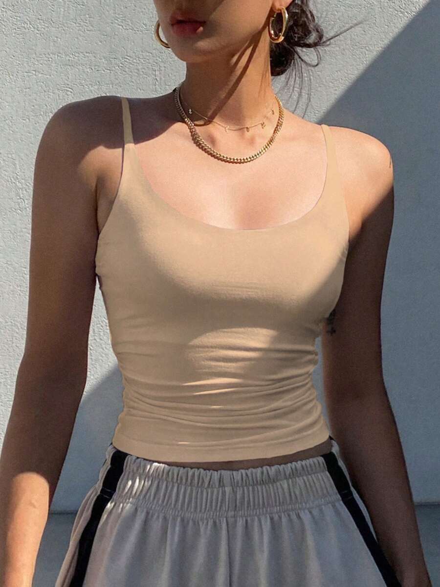 DAZY 女式修身褶皱弹力带大领吊带背心，夏季 - 杏色 - 查看 1