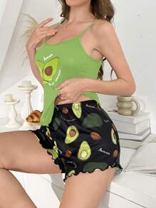 SHEIN 牛油果印花休闲吊带背心女士睡衣套装 - 綠色 - 查看 4